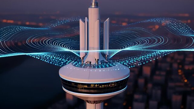 Futuristic 5G cell tower broadcasting blue digital signal waves over a city at dusk, illustrating wireless network connection and telecommunication infrastructure in a cinematic 3D animation