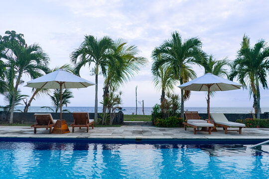 Tropical poolside view with wooden lounge chairs and white umbrellas, surrounded by palm trees, overlooking the ocean under a bright sky.