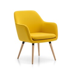 Yellow modern armchair with wooden legs isolated on white background
