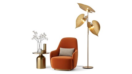 Modern orange armchair with gold lamp and table isolated on white background