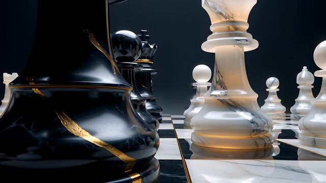 Close up of marble chess pieces with gold details in a cinematic 3D animation, illustrating strategic business competition and leadership concepts.