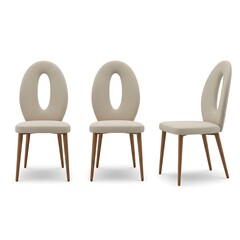 Three modern beige dining chairs isolated on white background