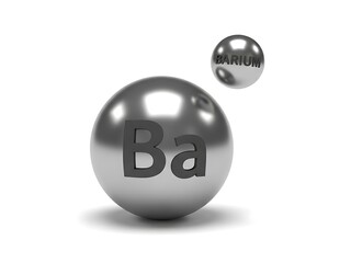 Barium element symbol ba and name on spheres, isolated on white background