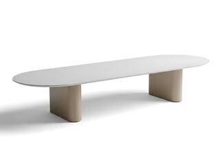 White oval table with beige bases, isolated on white background