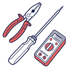 Pliers Screwdriver and Multimeter Tools on White Background electrical