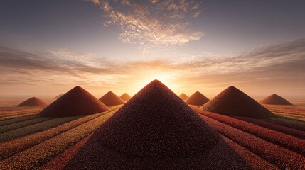 Mystical Hills Under the Sunset: A surreal landscape unfolds, featuring symmetrically arranged hills kissed by the warm glow of a breathtaking sunset, creating a sense of wonder and serenity.