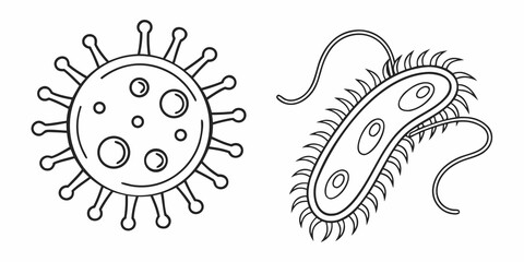Outline Illustrations of a Virus and a Bacterium on White Background germ microbe