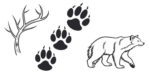 Black and White Bear Silhouette with Paw Prints and Antlers on White Background footprint