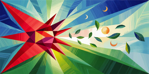 Vibrant geometric starburst with flying leaves and abstract landscape, colorful modern nature background illustration