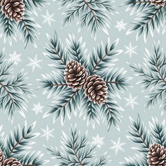 Seamless winter pattern featuring frosted pine cones and delicate snowflakes on a soft gray background