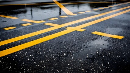 Wet asphalt road with yellow markings on a rainy day view