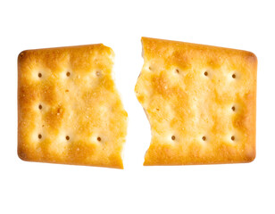 Fototapeta premium Broken square cracker biscuit showing crunchy golden texture and crumbs on isolated background