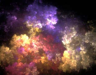 Colorful fractal resembles cosmic clouds in deep space, abstract pattern, blending textures, digital art against a black background
