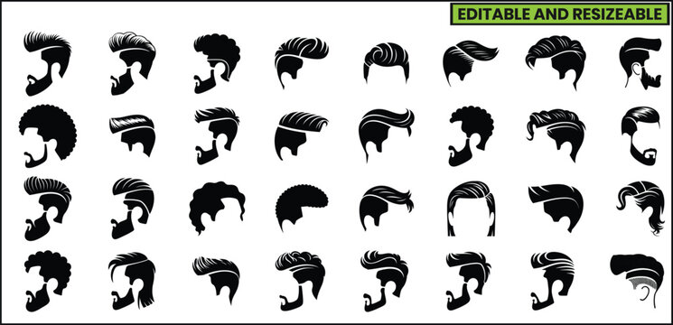 Male Hairstyle Silhouette Vector Icon Set .