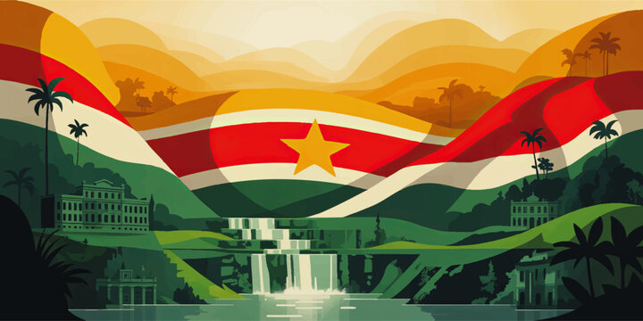 Suriname flag landscape illustration with tropical jungle, historic colonial architecture and exotic waterfall at golden sunset