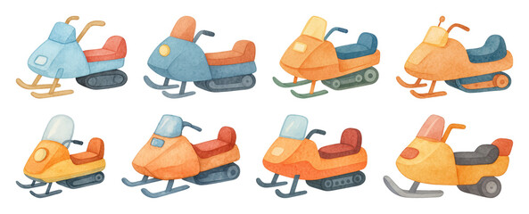 Obraz premium PNG Colorful cartoon snowmobiles illustration, element set on transparent background