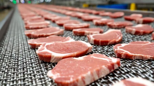 Freshly sliced pork chops on conveyor belt in processing facility during daytime operation