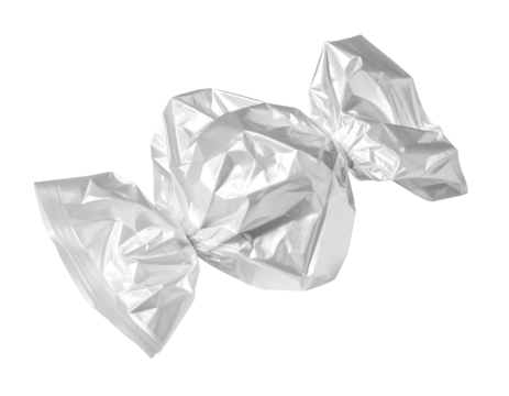 Silver candy wrapper twisted packaging for sweets and desserts on isolated background