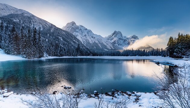Snowy Landscape With A Lake And Mountains In The Background