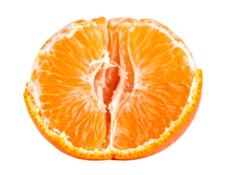 Mandarin orange half with peel attached showing juicy citrus cross section on isolated background