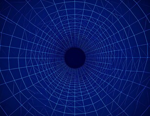 Digital illustration Blue wireframe tunnel converging into a dark circle at the center