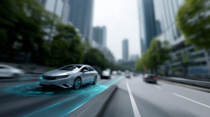 Fototapeta premium A hyper-detailed futuristic city street scene with multiple cars driving in traffic, featuring a silver autonomous vehicle in the foreground. The environment is modern, with tall g