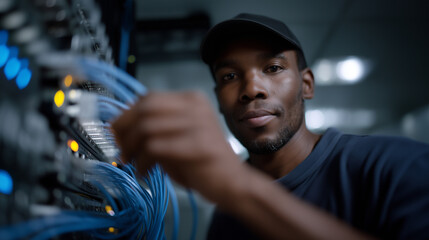 A hyper-detailed, realistic scene of an African-American male IT technician working inside a dimly lit data center. Close-up focus on his hands connecting blue Ethernet cables to a