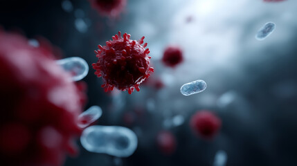 A hyper-detailed microscopic view of viruses and bacteria floating in a fluid environment. Large spherical red viral particles with spiky protein structures dominate the foreground