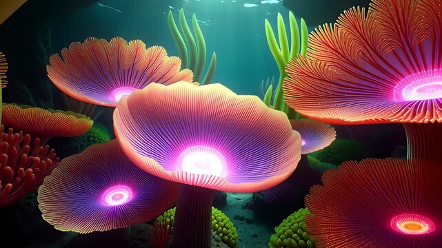 Vibrant neon coral reef swaying underwater with blooming orange anemones and yellow tube plants in a cinematic 3D animation, creating a surreal fantasy ocean background.
