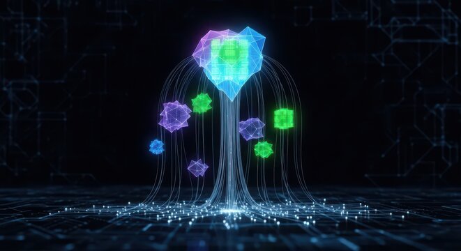 Glowing Geometric Shapes Connect to Central Crystal on Digital Circuit Board technology data