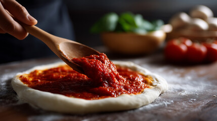 Close-up of a chef spreading tomato sauce onto raw pizza dough using a wooden ladle; flour scattered across the wooden work surface, fresh ingredients such as tomatoes, basil, mush