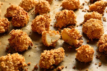 Breaded oven baked cauliflower bites on baking paper