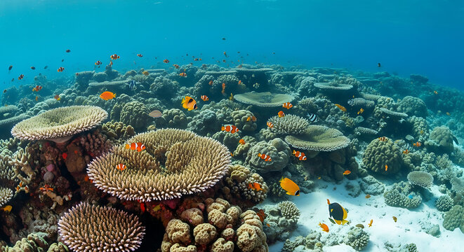 Underwater view of a vibrant coral reef teeming with colorful fish in clear blue tropical waters ai generated - Powered by Adobe