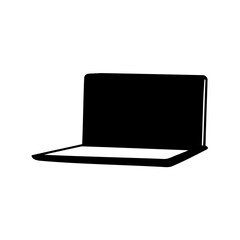 A minimalist black silhouette illustration of an open laptop on white