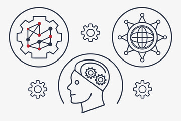 Conceptual icons of AI, global connection, and human intelligence with gears head