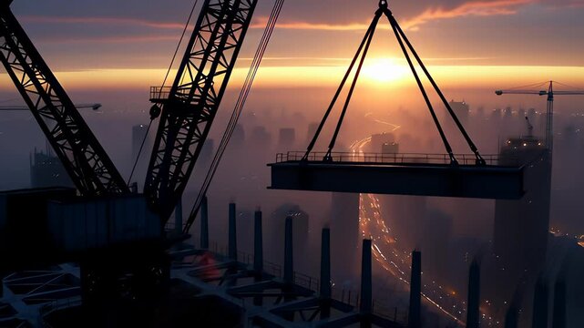 Cinematic silhouette of a construction crane lifting a heavy beam during a golden sunset over a city skyline in a 3D animation, illustrating urban development.