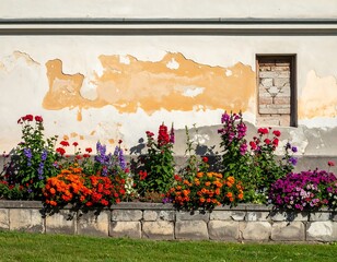 Colorful garden blooms against a weathered wall with a bricked window. Sunlight bathes the scene
