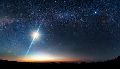 A Star Is Shining Brightly In The Night Sky The Sky Is Dark And The Stars Are Scattered All Over