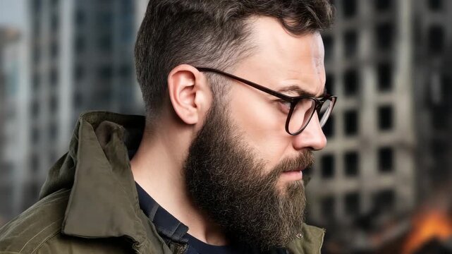 Bearded man in glasses stands confidently amidst a cityscape with fires in the background during an uncertain time