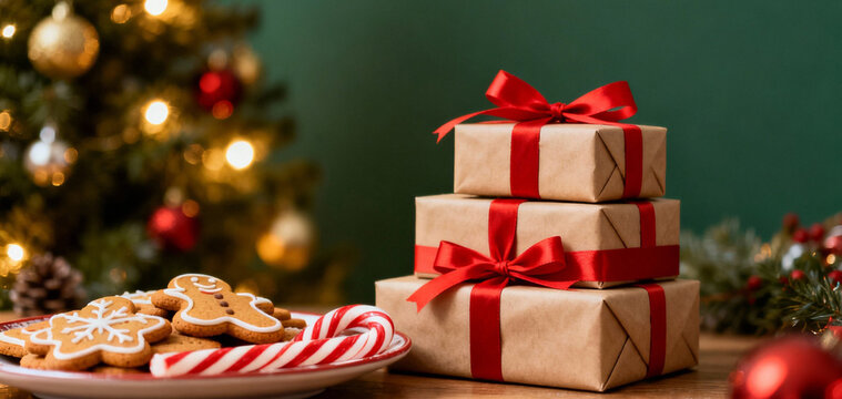 Christmas presents stacked with red ribbons, cookies, and candy canes on a plate, with a Christmas tree in the background.