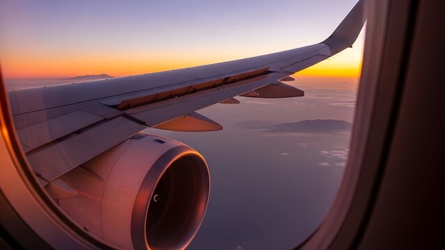 Airplane wing and engine view from window at sunset light