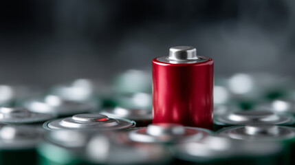 Ultra-realistic macro photograph of a single red cylindrical battery standing upright among dozens of silver-green batteries, shallow depth of field, the red battery prominently ce