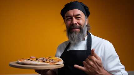 Mature male chef with a gray beard wearing a white chef hat and black apron, holding a freshly baked pizza on a wooden serving board; standing against a solid bright orange backgro