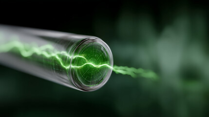 Futuristic digital illustration of a glowing green energy symbol in the shape of a lightning bolt, centered inside a transparent high-tech cylindrical battery made of floating part