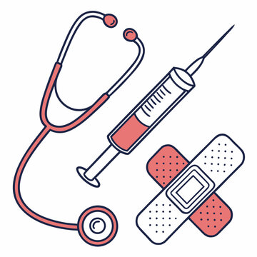 Medical Stethoscope Syringe Bandages and Heart Icon on White Keywords: medical, healthcare