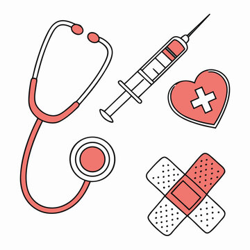 Medical Stethoscope Syringe Bandages and Heart with Cross Icon Keywords: medical, healthcare