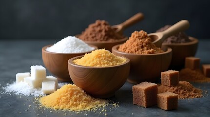 A collection of various sugar types in wooden bowls granulated, brown, and cubes