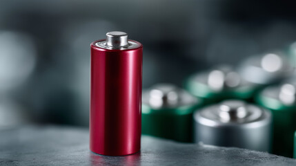 Ultra-realistic macro photograph of a single red cylindrical battery standing upright among dozens of silver-green batteries, shallow depth of field, the red battery prominently ce