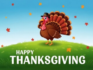 Happy thanksgiving cartoon turkey with falling leaves festive autumn celebration greeting card