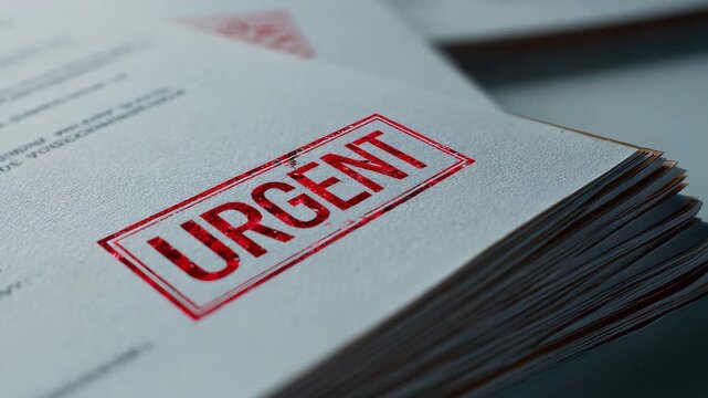 Important documents with urgent stamp resting on a stack of papers in an office setting during daylight hours